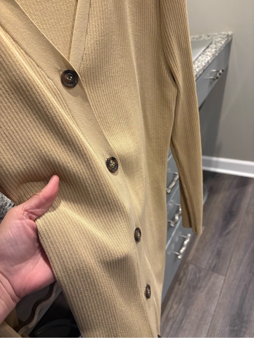 The Drop Ribbed Button-Up Cardigan in Camel - Picture 3 of 7